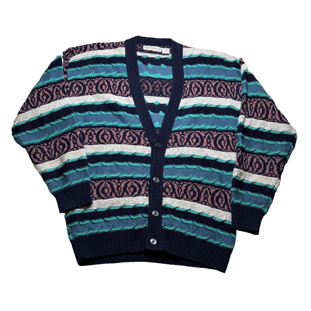 Vtg Coogi Style Cardigan Sweater Mens M Multicolor 3D Knit 90s Grandpa Grunge
